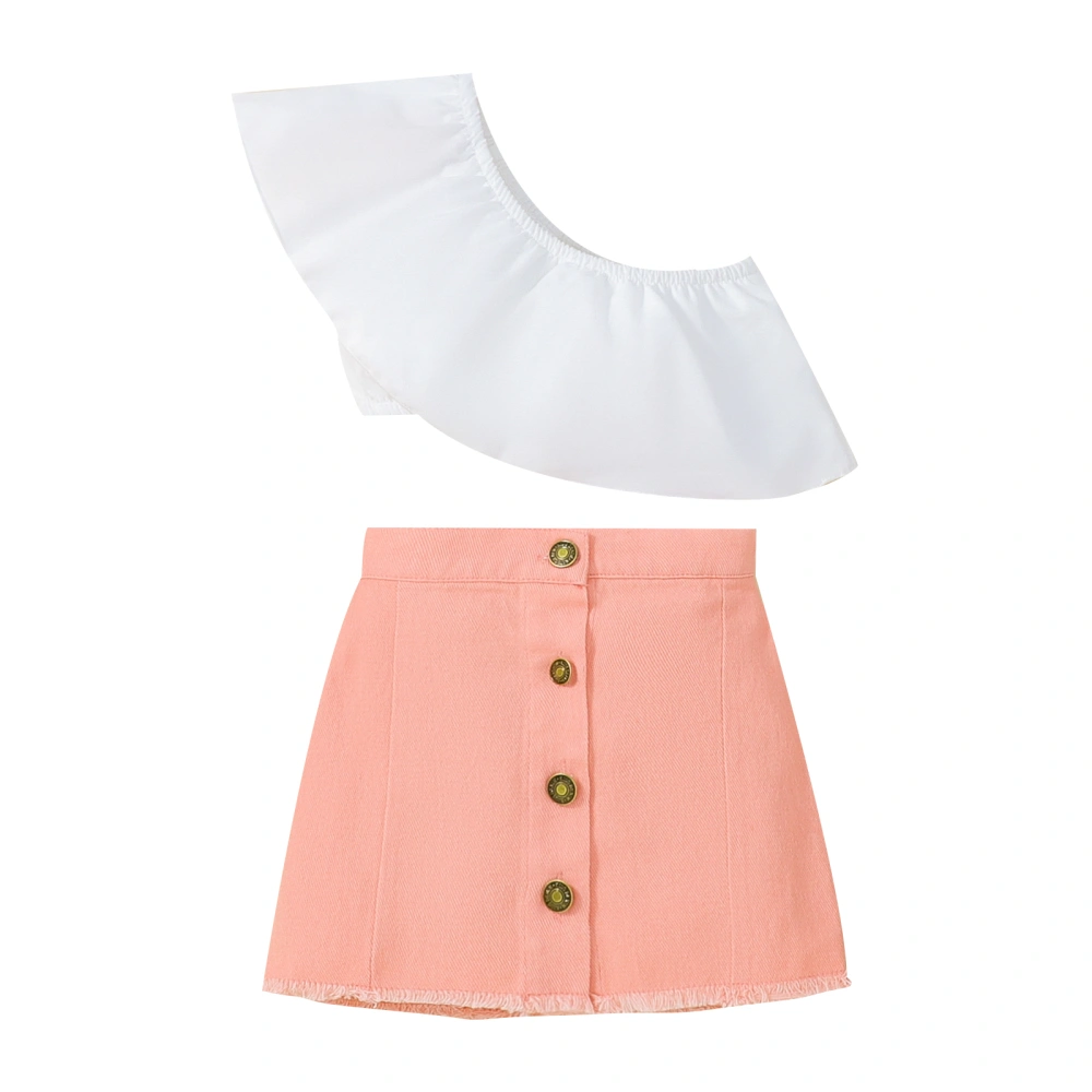 Girls Skirt Suit Ruffled Slanted Shoulder Tops + Button Soft Skirt