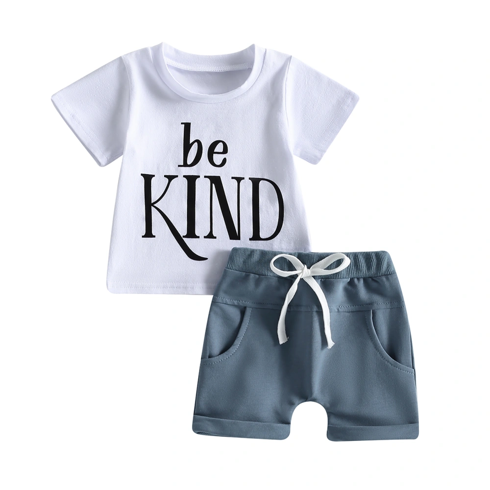 Boys White Short Sleeve Letter Print Tops + Blue Drawstring Shorts