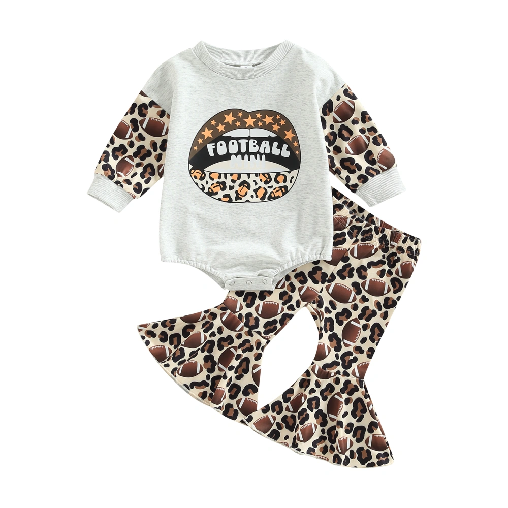 Baby Girls Jumpsuits Set Rugby Leopard Print Romper and Flared Pants