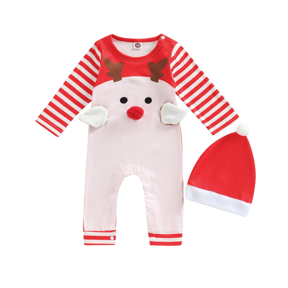 Infant Baby Reindeer Print Long Sleeve Round Neck Romper with Hat