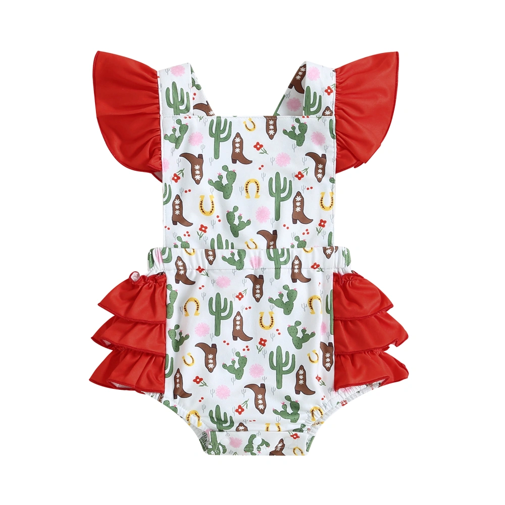 Baby Girls Romper, Sleeveless Square Neck Cactus Boots Print Bodysuit