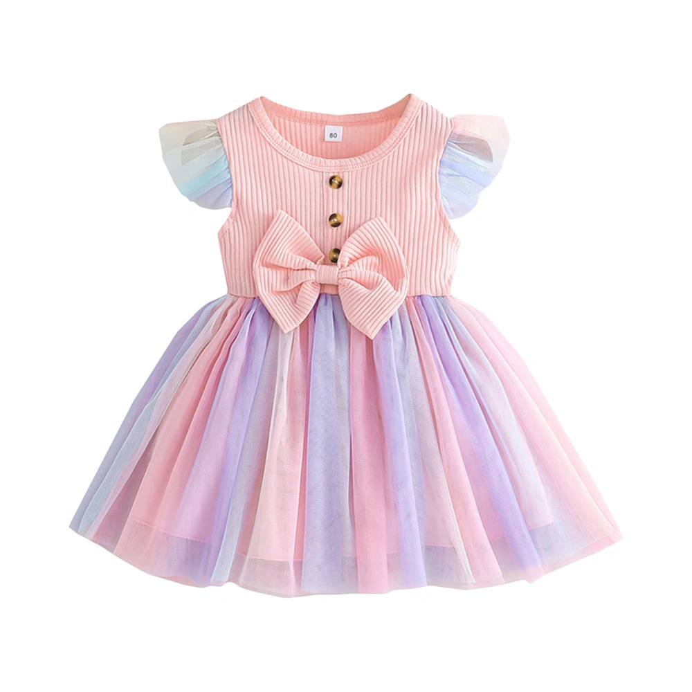 Kids Girls Rainbow Mesh Dress Bowknot Flying Sleeves Princess Dress