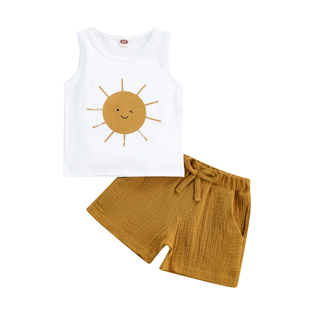 Baby Round Neck Sun Print Vest + Elastic Waist Shorts with Pockets