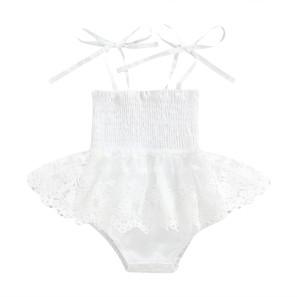 Baby Girl's Sling Romper, Patchwork Lace Sleeveless Pleated Bodysuit