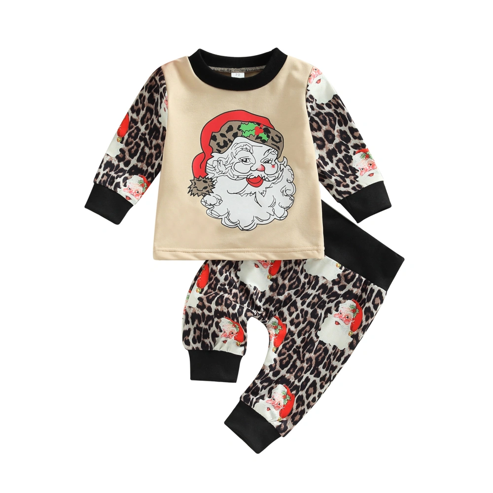 Girls Boys Christmas Pants Set, Santa Sweatshirt + Leopard Print Pants