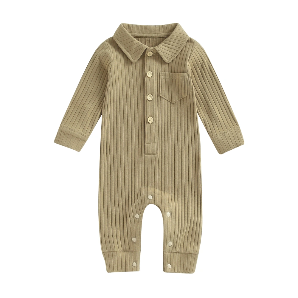 Baby Ribbed Rompers Lapel Toddler Long Sleeve Jumpsuit with Pocket 