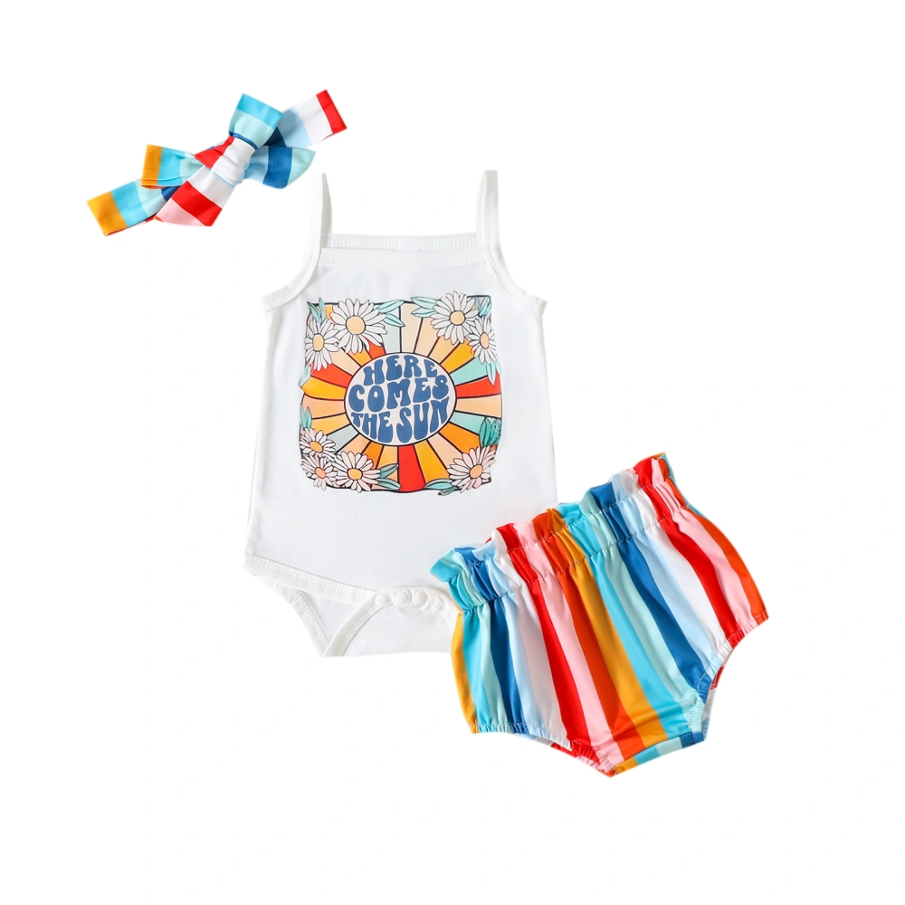 Baby Girls Summer Outfits, Sleeveless Romper+Striped Shorts+Headband