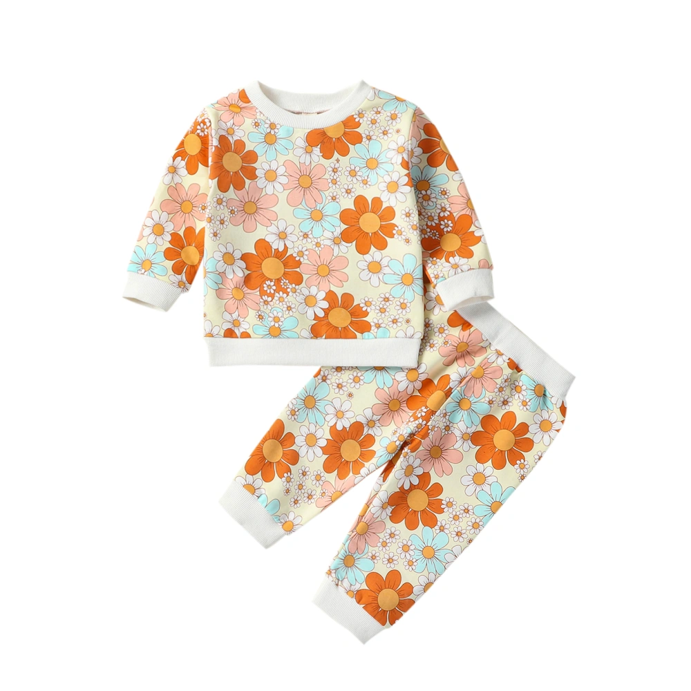 Baby Girl Fall Outfit Flower Print Sweatshirts Elastic Waist Pants