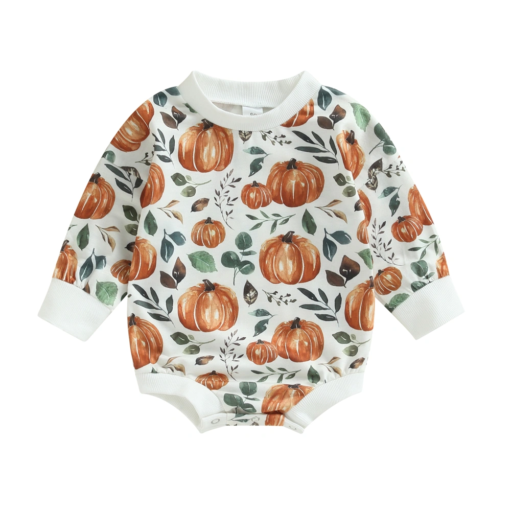 Baby Girls Halloween Long Sleeve Crewneck Pumpkin Print Romper