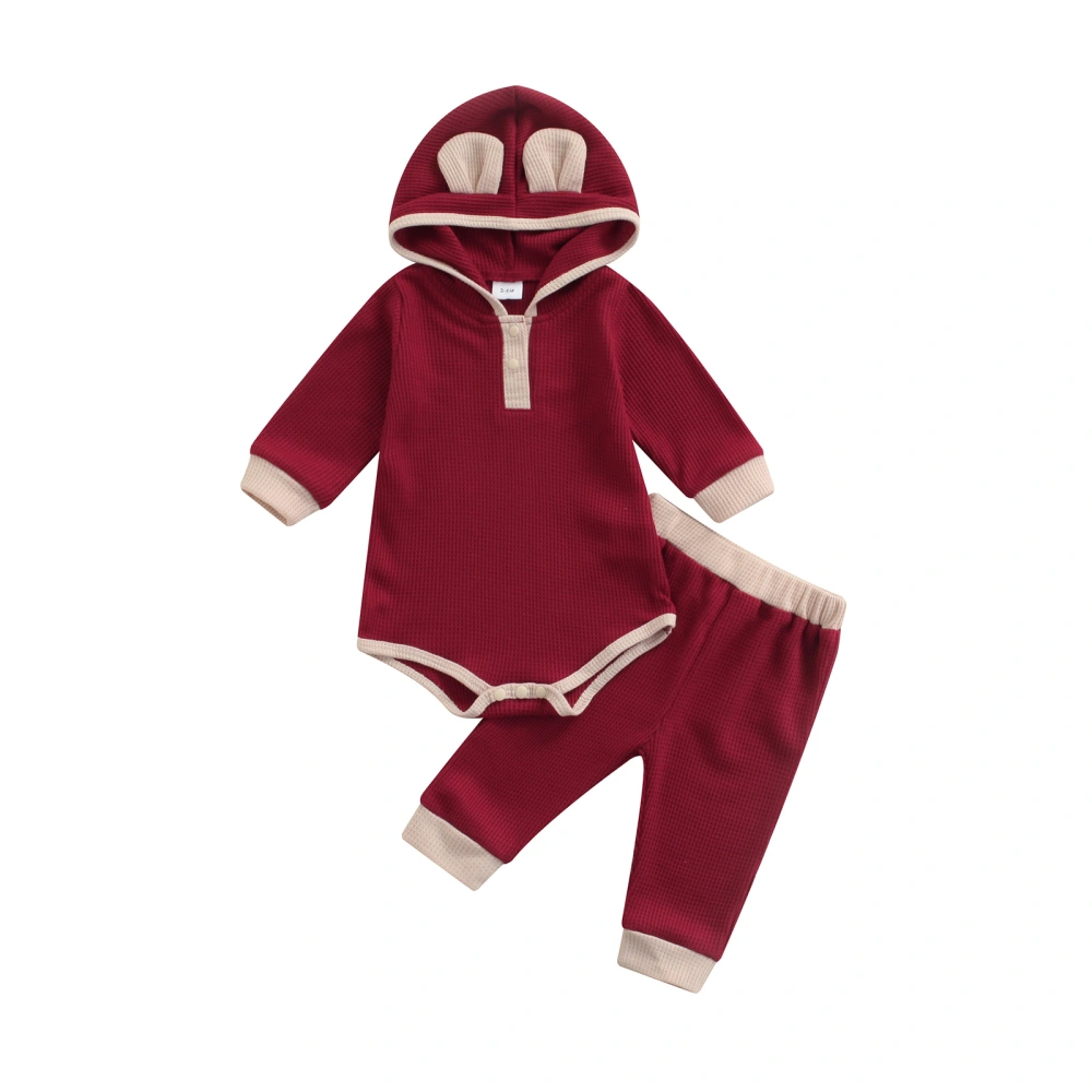 Baby Suit Set, Contrast Color Long Sleeve Hooded Romper+ Long Pants