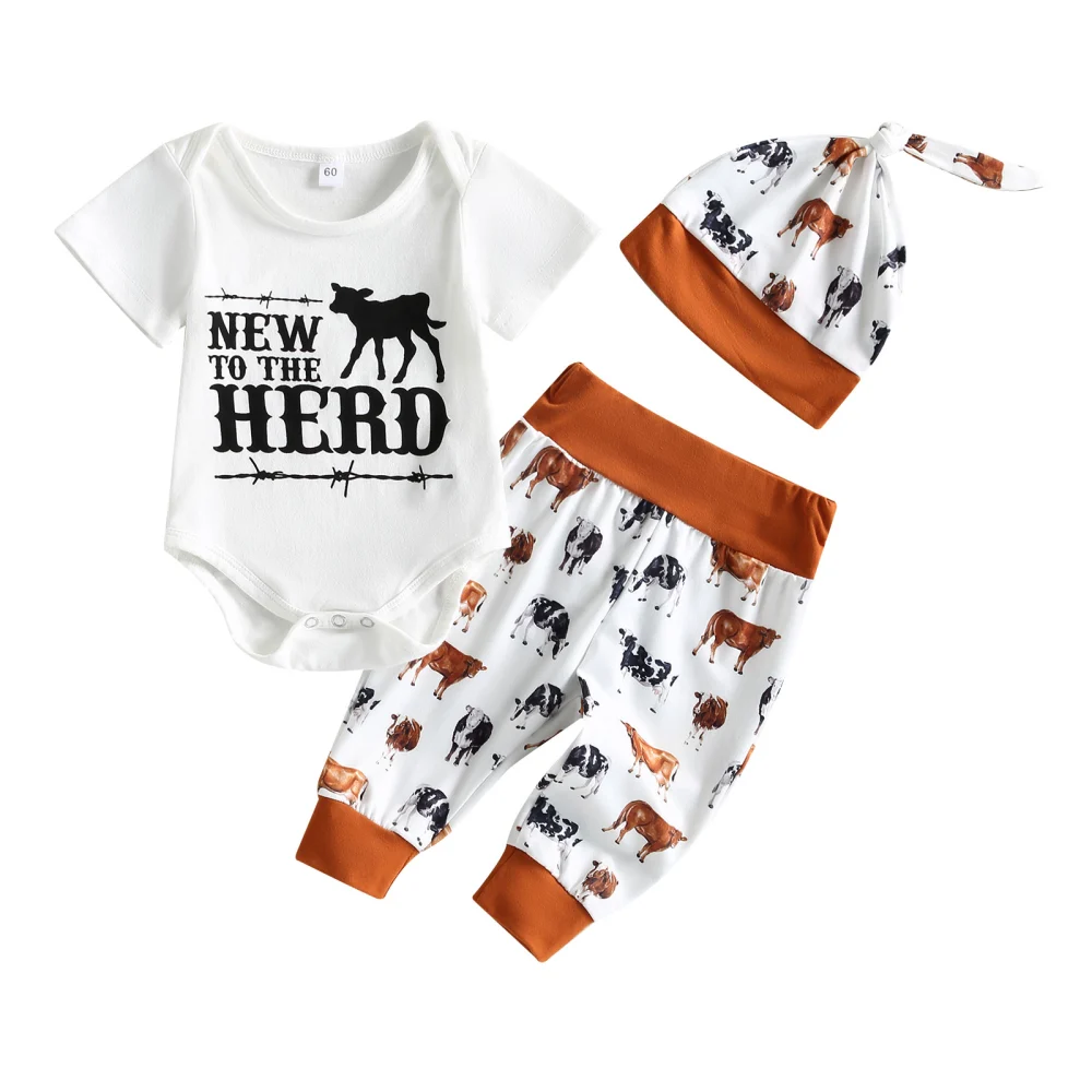 Baby Boys Letters Romper+ Bull Print Jogger Trousers + Hat Suit