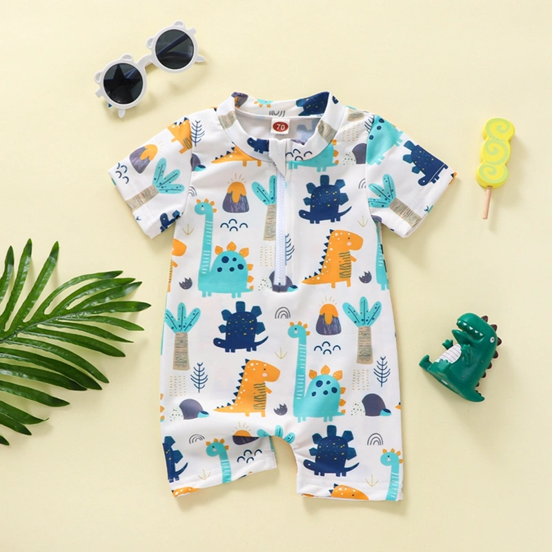 Kids Boys Summer Swimsuit Cartoon Dinosaur Printed Zipper Jumpsuit 