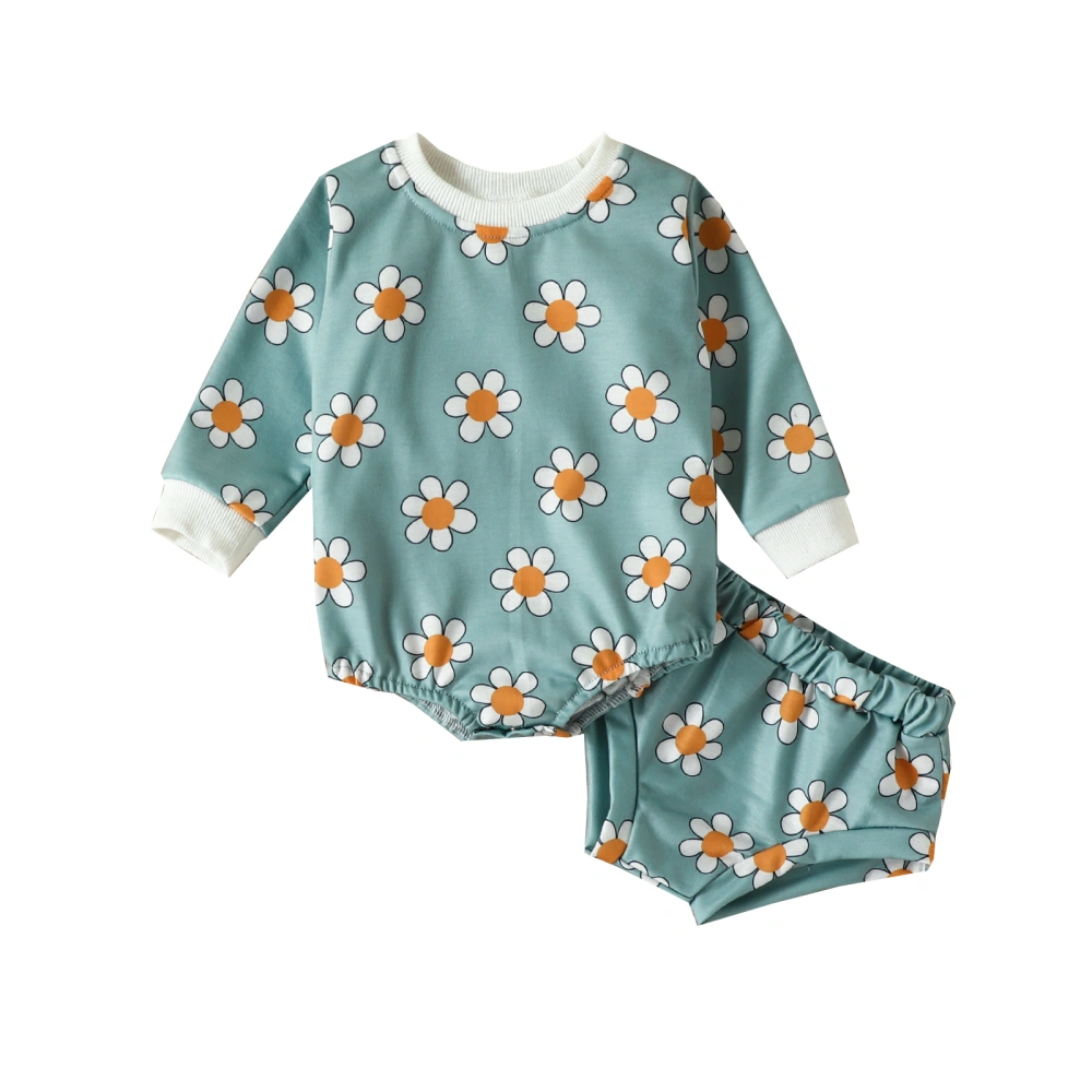 Infant Flower Print Long Sleeve Romper + Elastic Waist Triangle Shorts