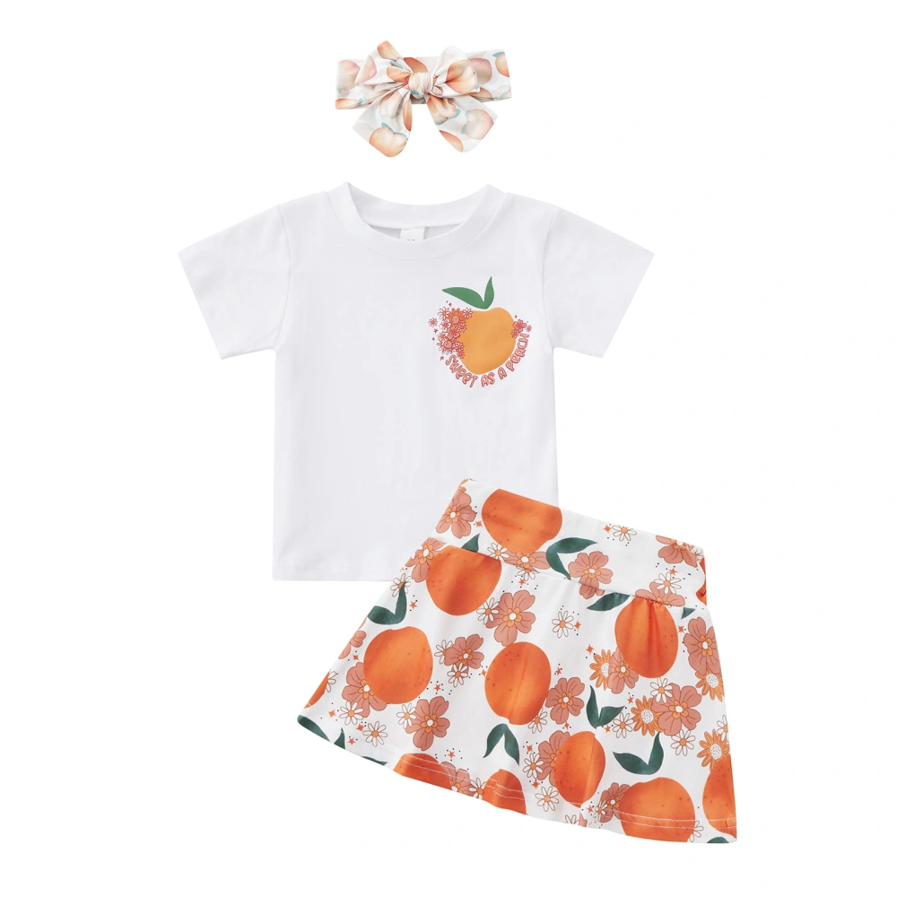 Casual Peach & Flower & Letter Print T-shirt + Skirt + Headband