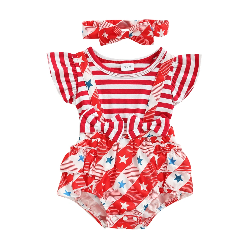 Baby Girls 4th of July Outfit, Striped Star Print Romper + Hairband