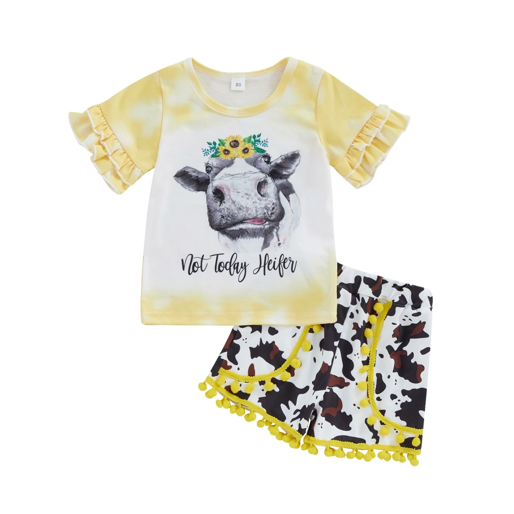 Baby Girls Summer 2-Piece Outfit Cow Head Print T-Shirt and Shorts Set