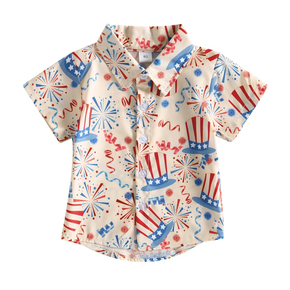 Kids Boys Shirt, Short Sleeve Fireworks/Boots/Guitar Print Summer Tops