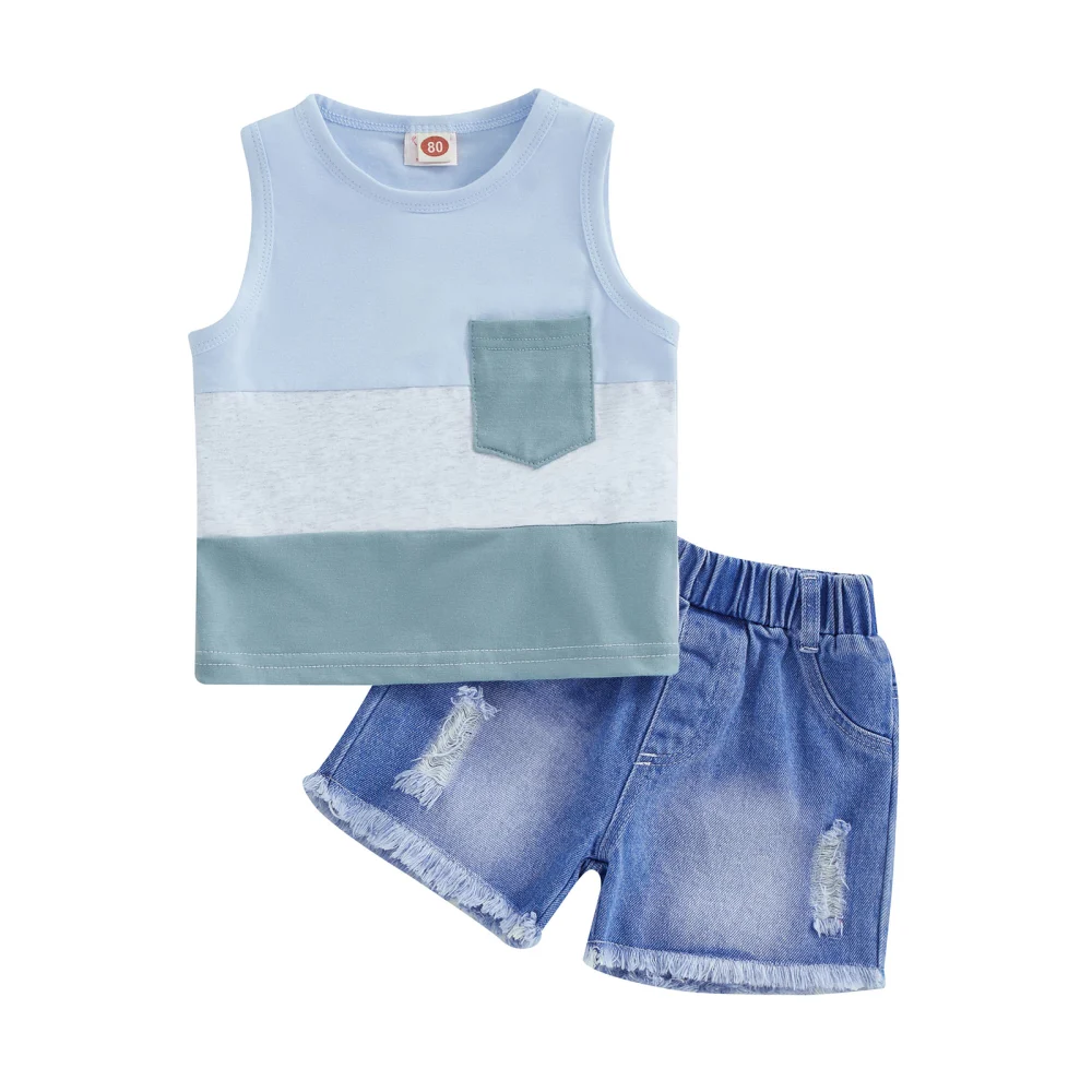 Kid Boys Sleeveless Vest Round Neck Tops + Ripped Denim Shorts 