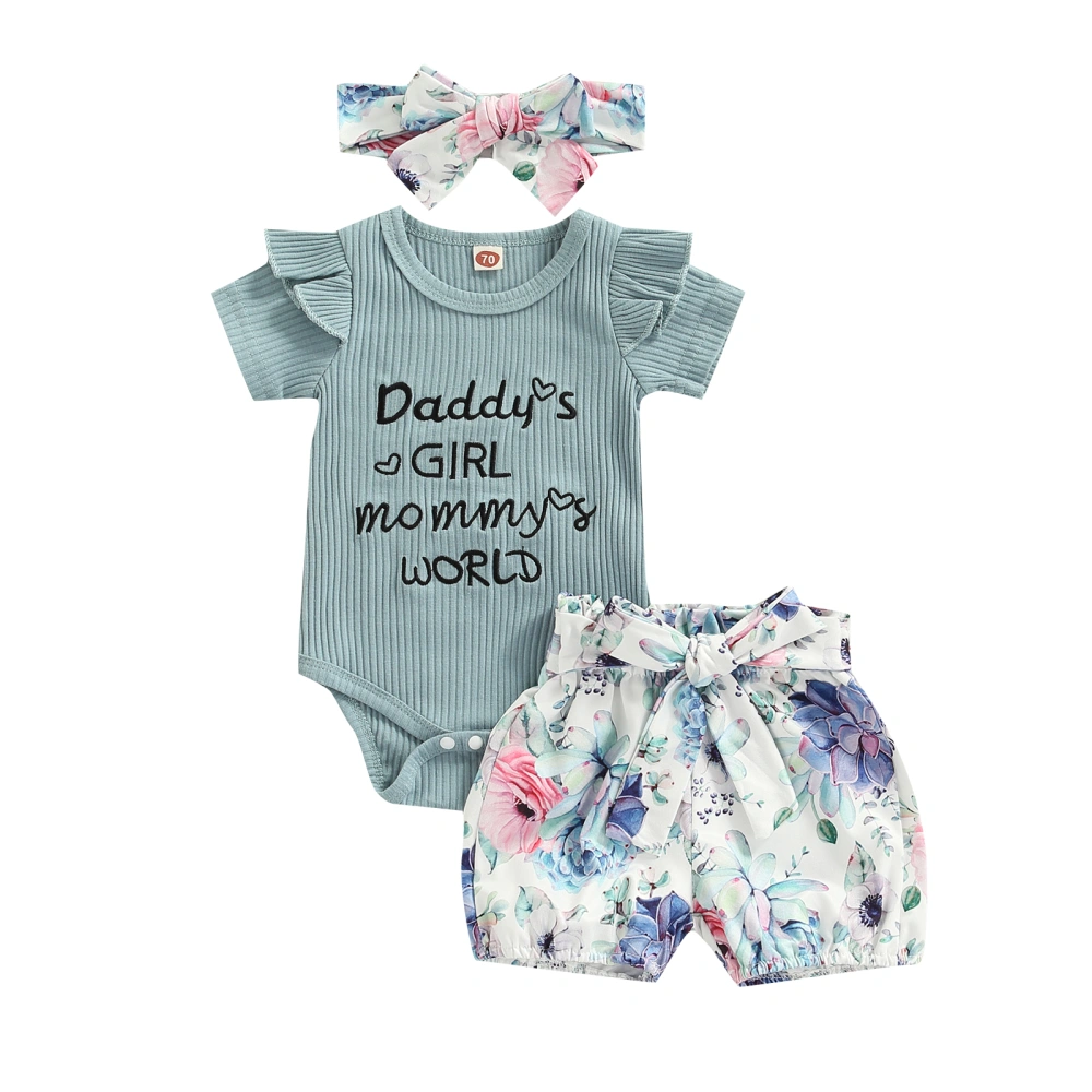 Baby Girl Outfit, Letter Ribbed Romper+Waits Belt Shorts+Bow Headband