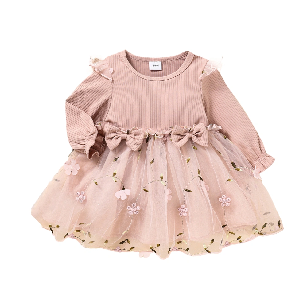 Girl Long Sleeve Round Neck Flower Tulle Patchwork A-Line Dress