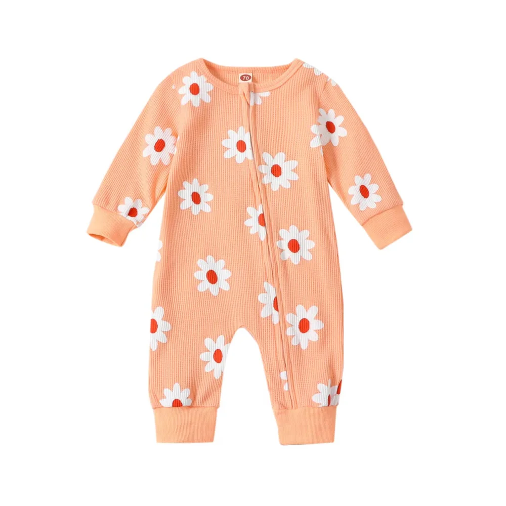 Baby Girls Long Sleeve Jumpsuit Floral Print Zipper Waffle Romper 