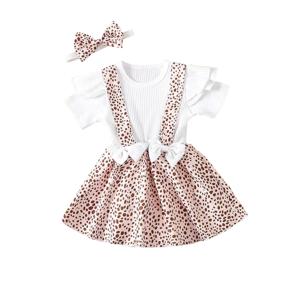 Baby Girls Romper Set Short Sleeve Spots Print A-line Dress + Headband