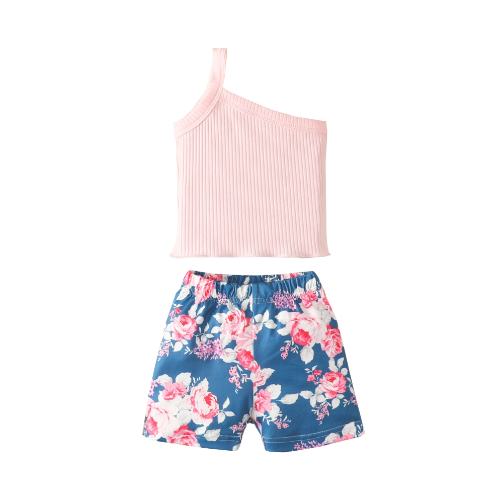 Baby Girls 2PCS Summer Outfits, One Shoulder Knit Tops + Floral Shorts