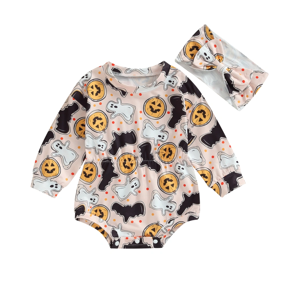 Baby 2Pcs Halloween Outfits, Pumpkin Ghost Print Romper with Headband