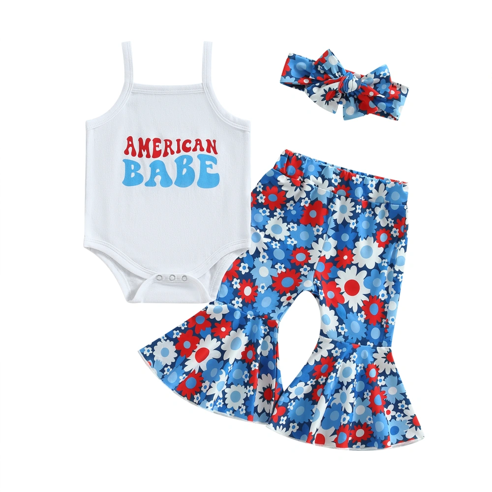 Baby Girl 4th of July Outfits, Romper + Floral Pants + Headband Set