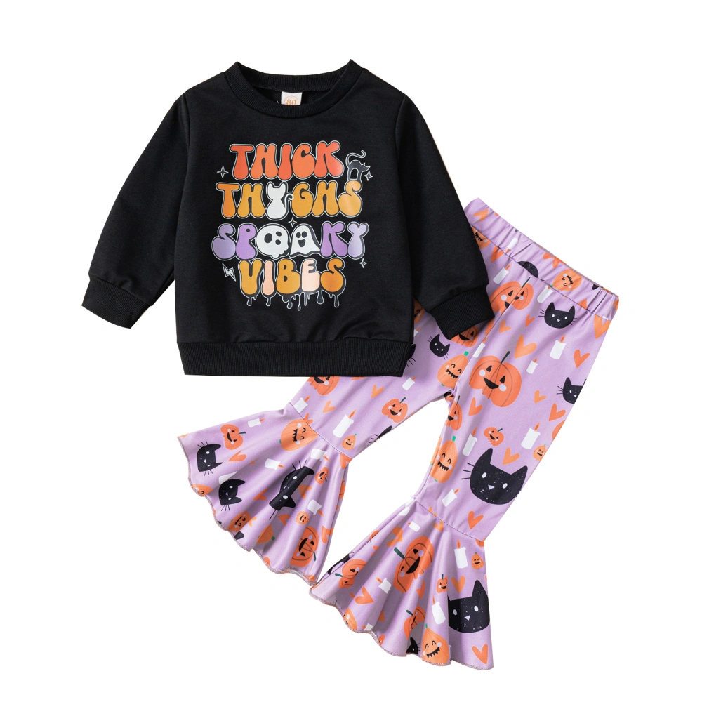 Girls Long Sleeve Letter Ghost Print Tops Pumpkin Cat Print Pants Sets