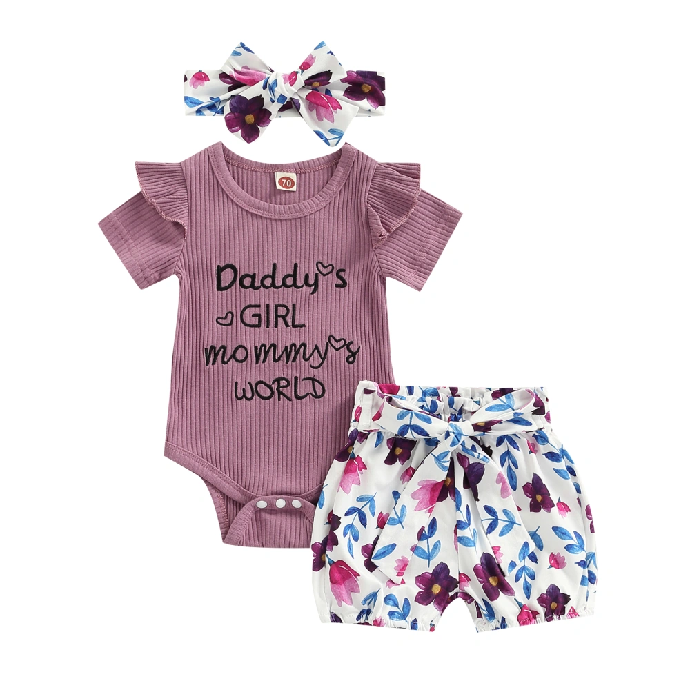 Baby Girl Letter Print Fly Sleeve Jumpsuit + Flower Shorts + Headband