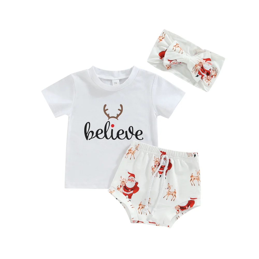 Infant Girl Letter Print Short Sleeve T-Shirt + Elk Shorts + Headband