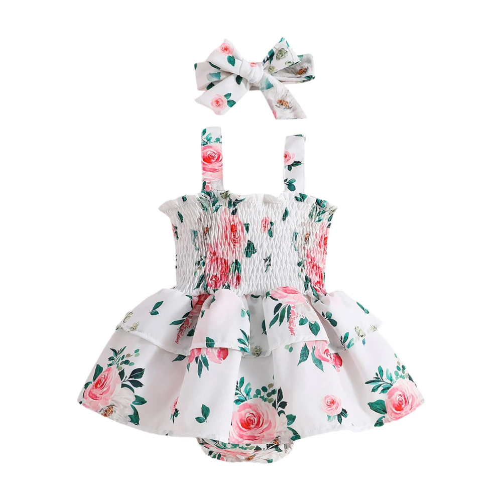 Baby Girls Summer Sleeveless Tutu Floral Playsuit with Headband