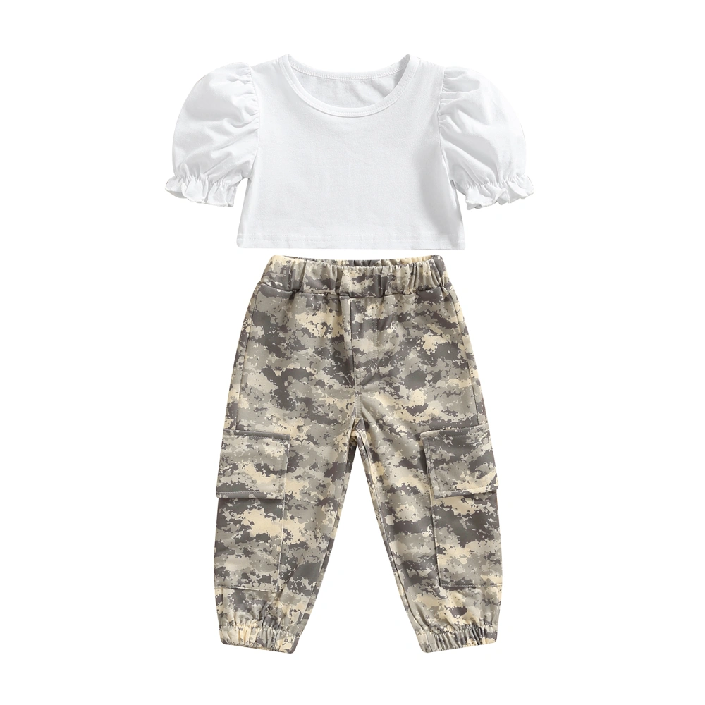 Kid Girls 2 Pcs Outfits, Solid Color Crop Tops Camouflage Cargo Pants 