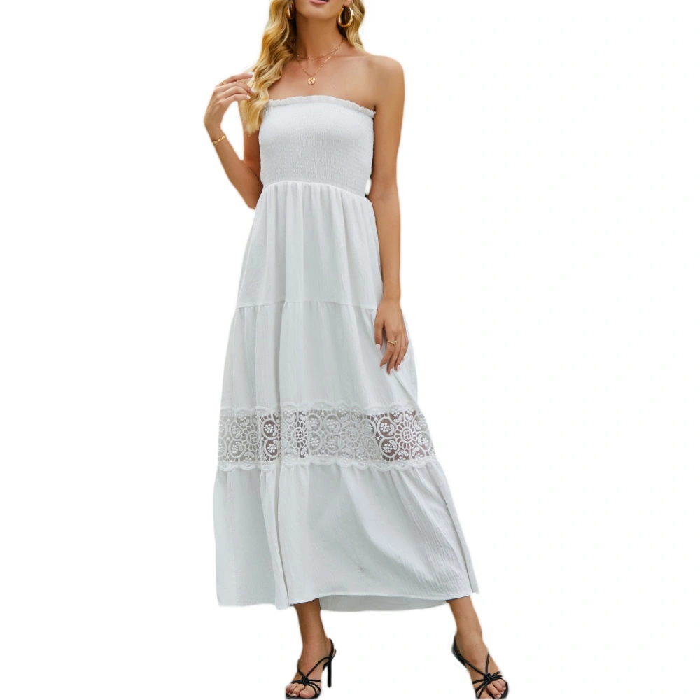 Women Beach Tube Dress with Lace Flowers, Solid Color Clothing