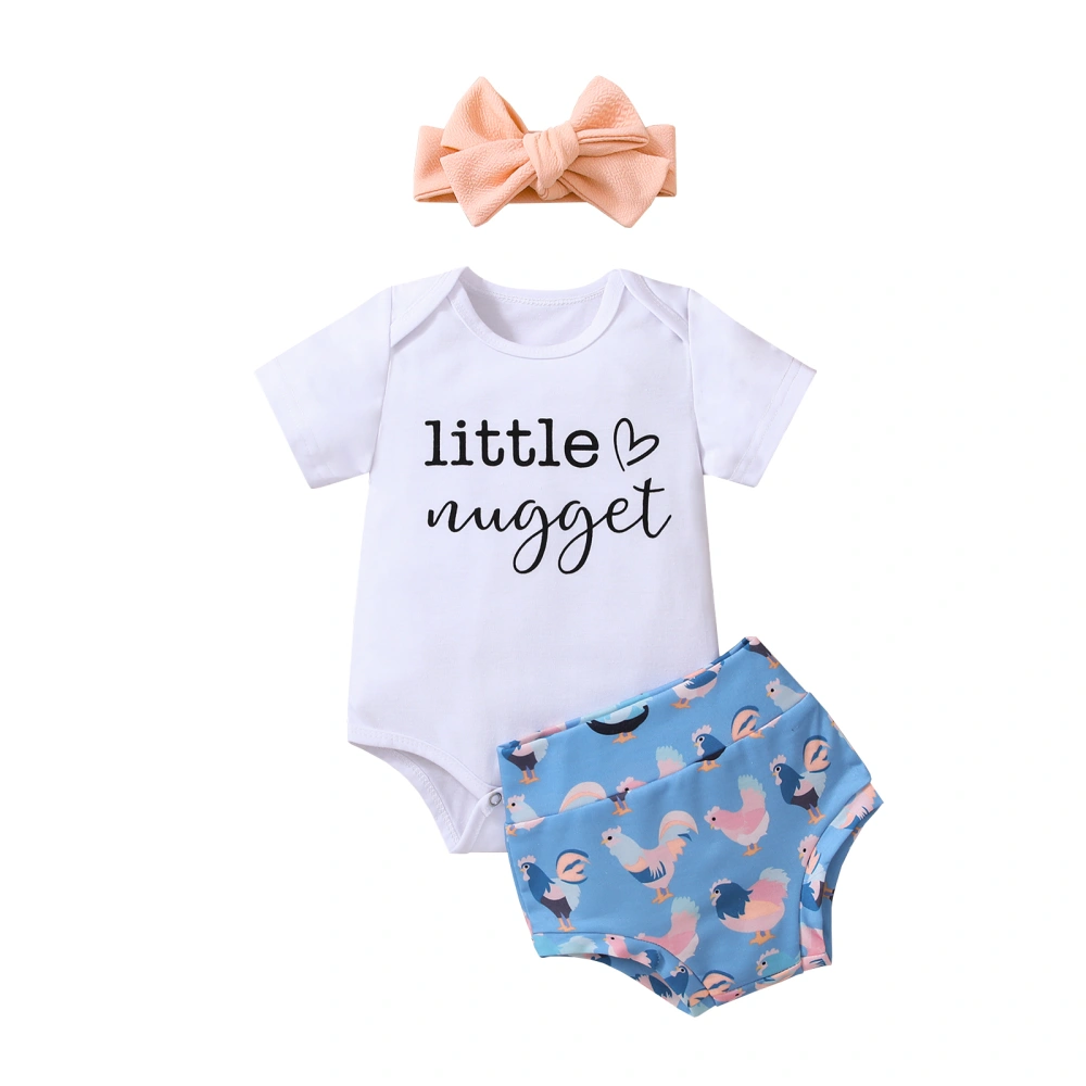 Girls White Short Sleeve Letter Romper + Hen Print Shorts + Headband