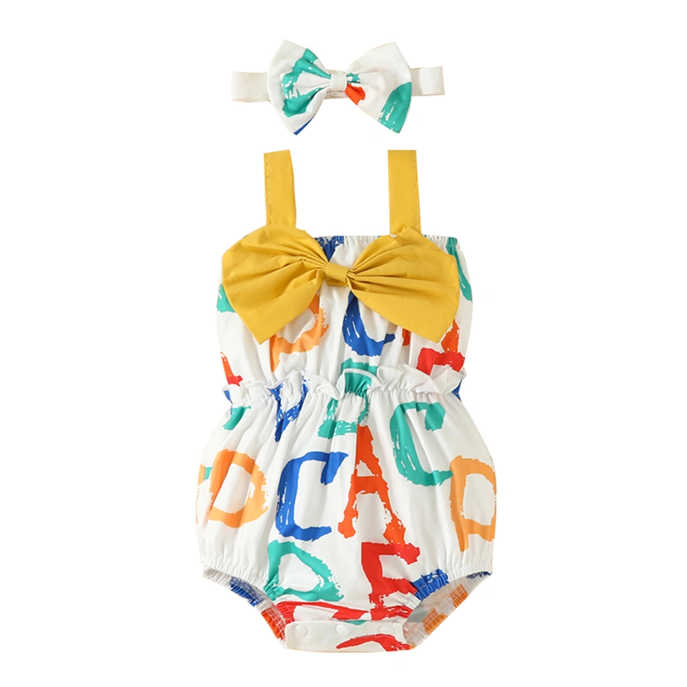 Baby Girls Romper Set, Letters Print Sleeveless Bow Romper + Hairband