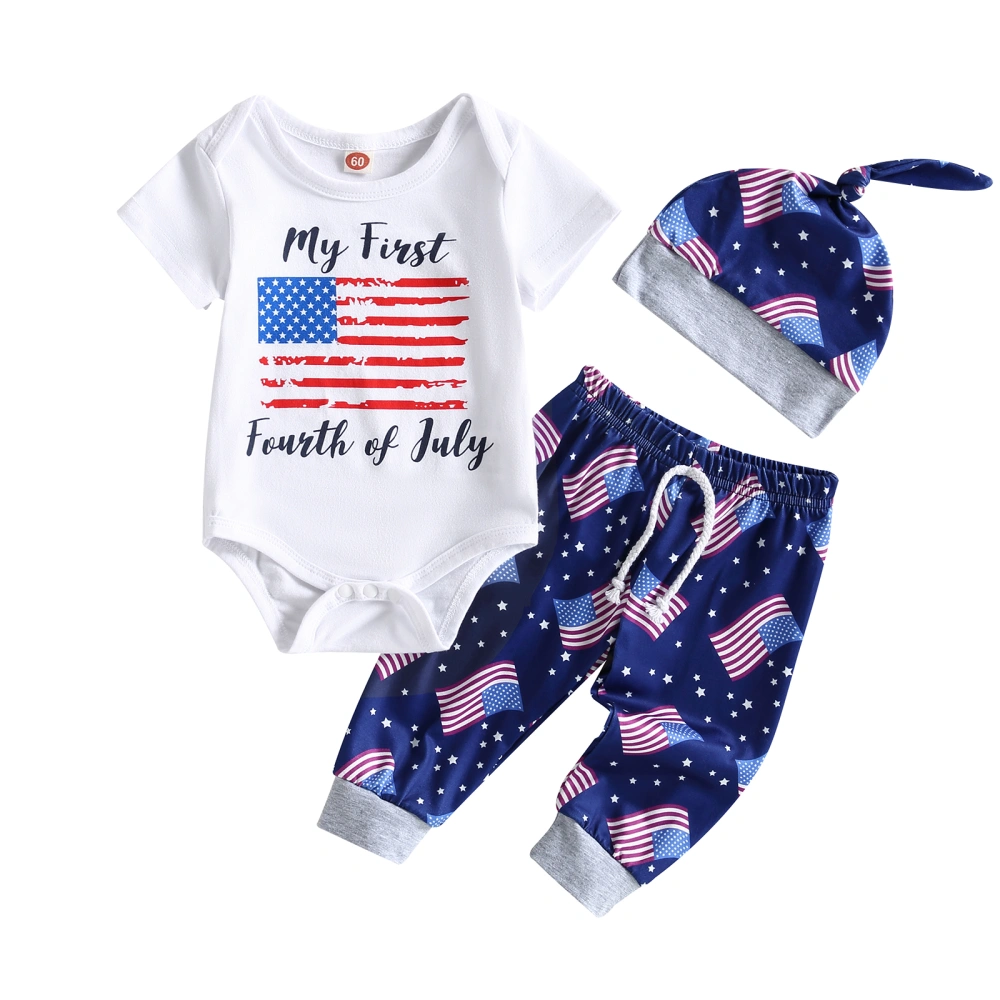 Boys White Short Sleeve Romper + Flag Print Drawstring Pants + Hat