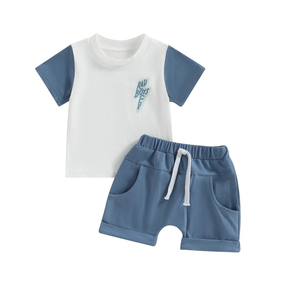 Toddler Boys Short Sleeve Contrast Color Tops + Blue Drawstring Shorts