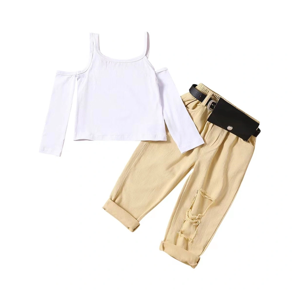 Kids Fall Outfits Solid Color T-Shirts Ripped Pants Waist Bag Belt