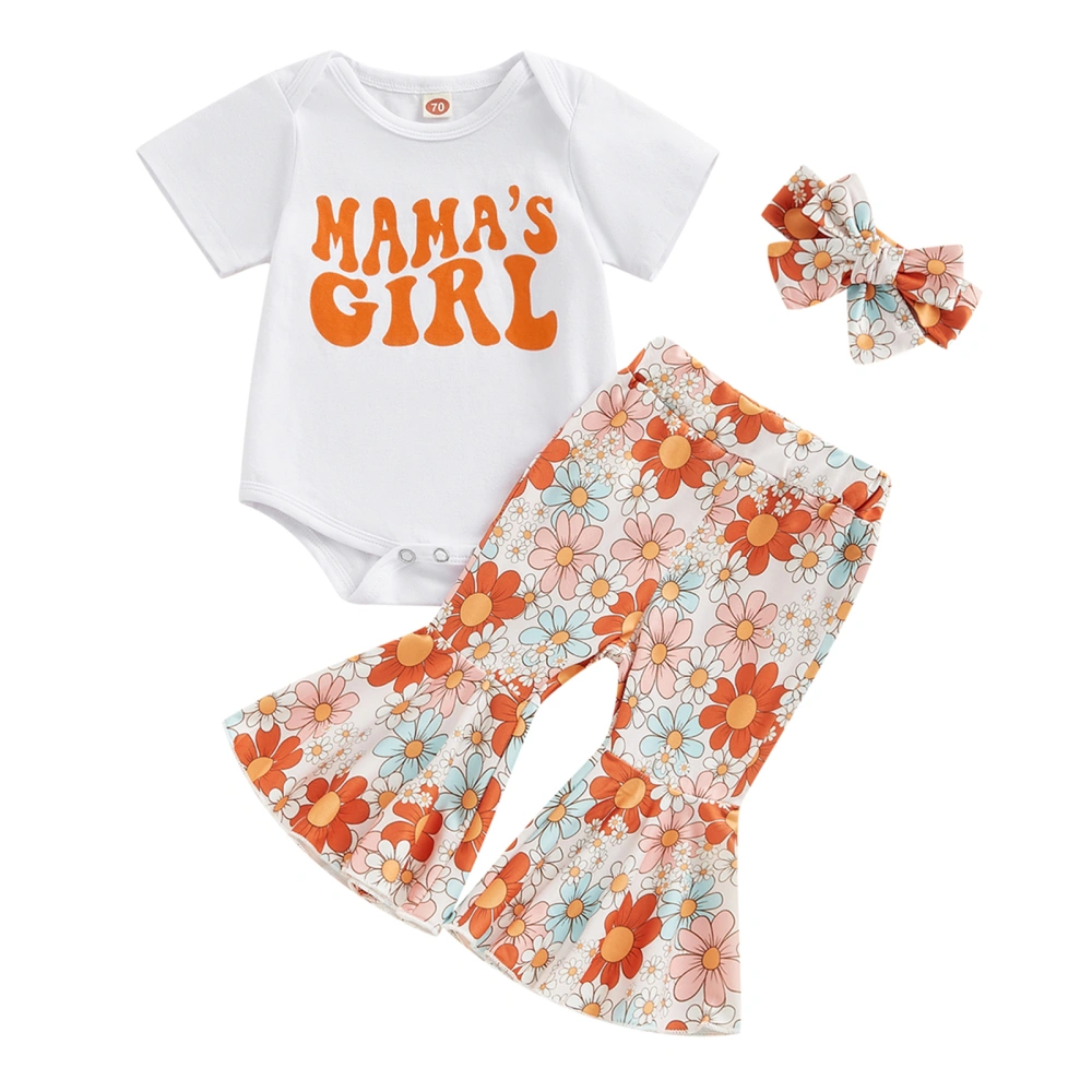 Baby Girls Pants Set, Letters Romper + Flower Print Pants + Headband