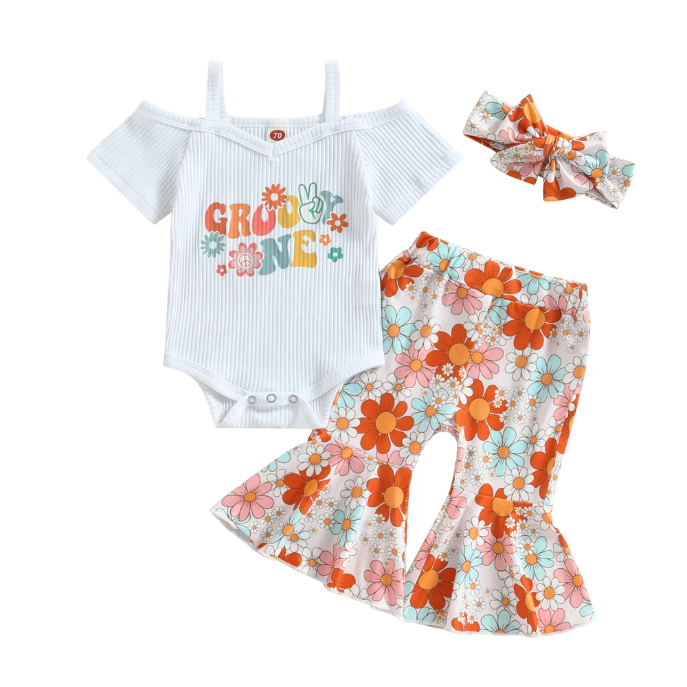 3Pcs Baby Girl Spring Outfits, Strap Romper+Bell Bottoms+Headband Set