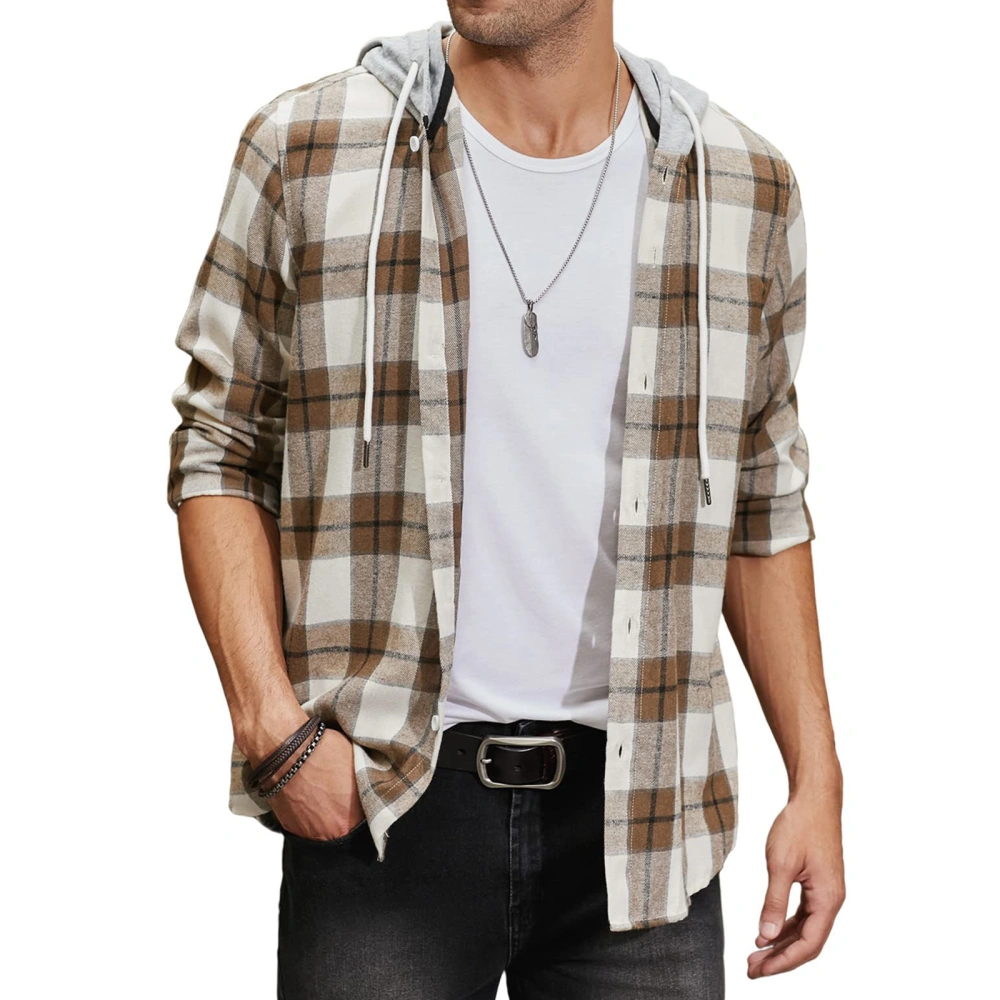 Men Coat Long Sleeve Hooded Neck Buttons Jacket Plaid Fall Cardigan 