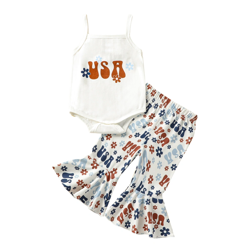 Baby Girls Pants Set Sleeveless Letters Romper + Flower Flare Pants