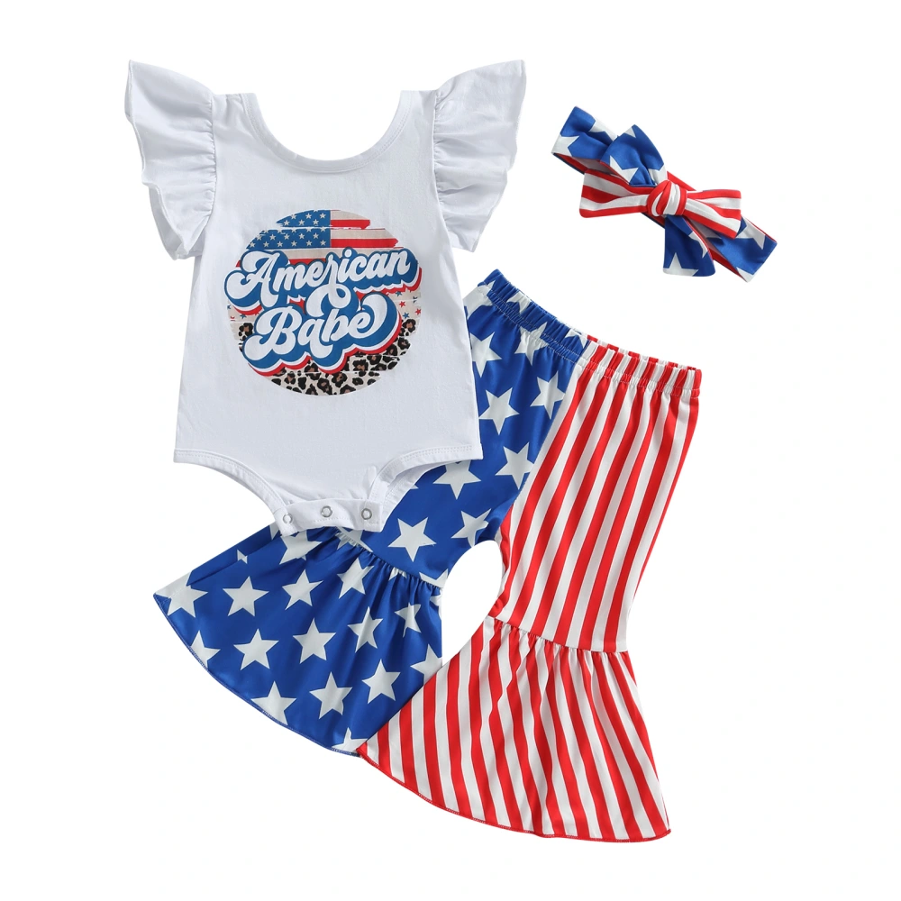 Girls Letters Romper Shirt + Star Striped Bell-Bottoms + Head Band 