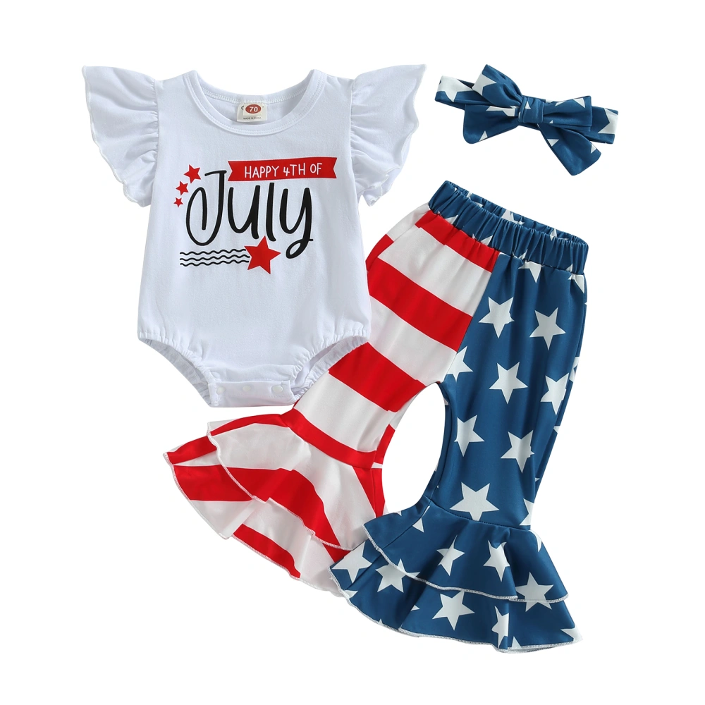 Girls White Romper + Stars Striped Patchwork Pants + Headband