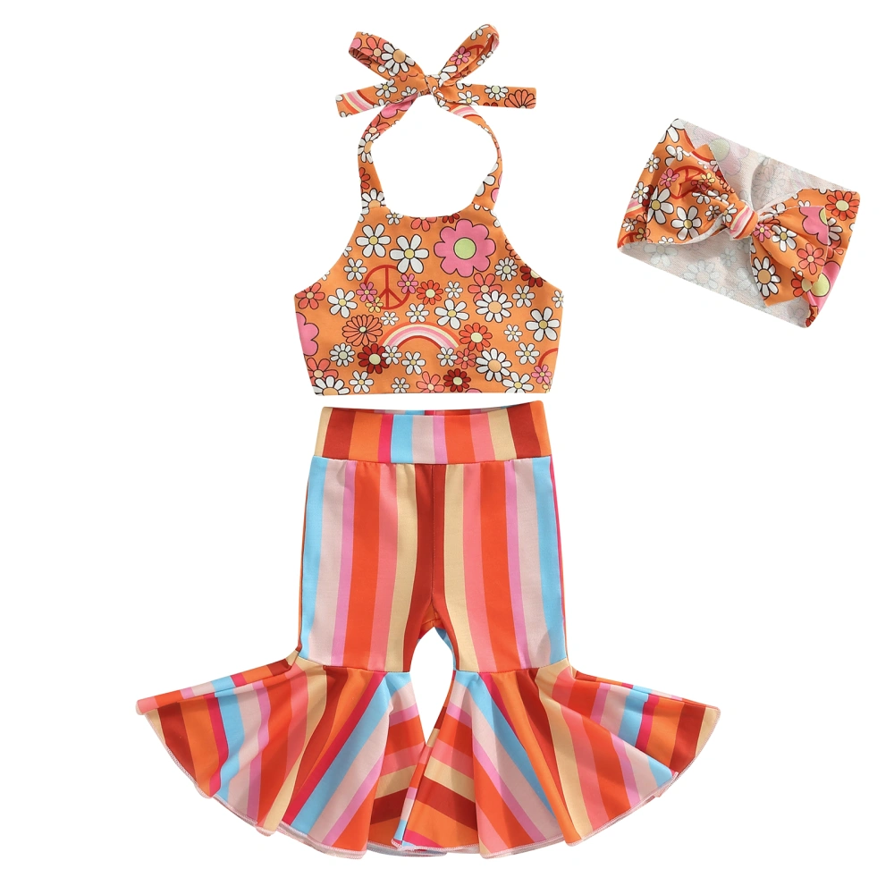 Baby Girls Summer Outfits, Halter Tops+Striped Bell Bottoms+Headband