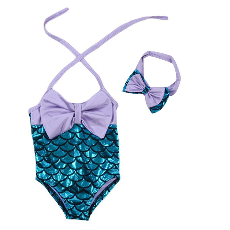 Baby Girl Swimwear, Halter Neck Fish Scale Swimsuits with Bow Headband