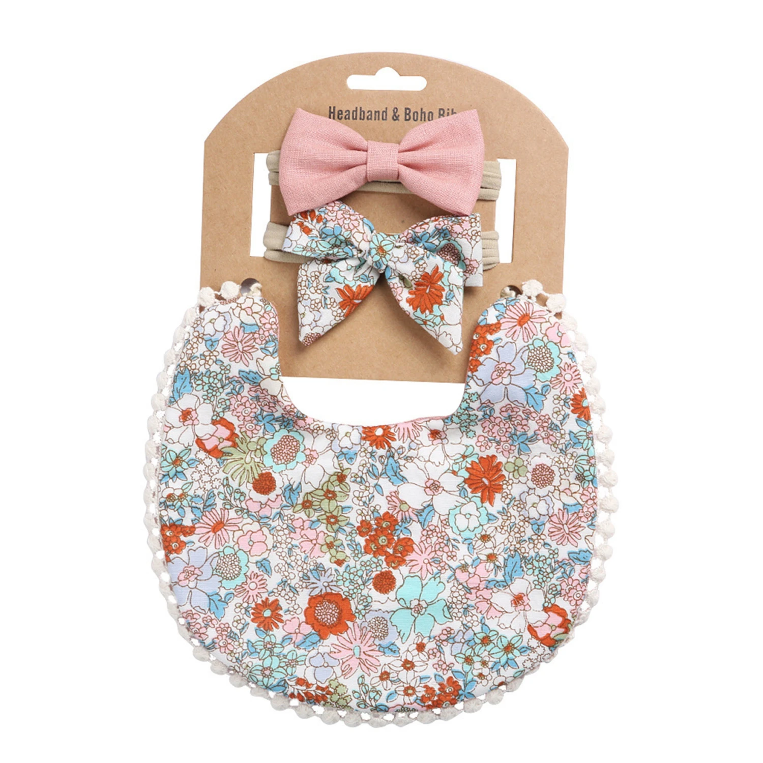 Baby Girls Bib and Headdress, Newborn Double Side Saliva Towel