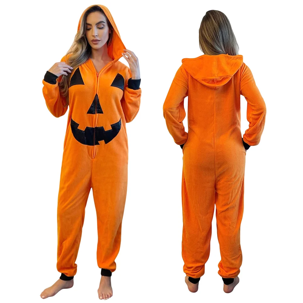 Women Halloween Orange Pumpkin Face Print Zip-up Hooded Jumpsuit